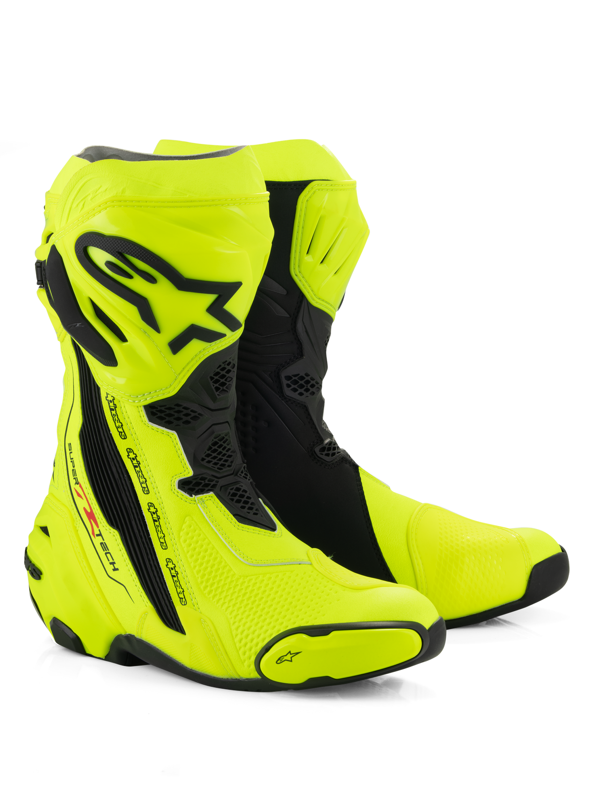 Alpinestars Supertech R-stövlar, racingstövlar för motorcykel, gul fluo och svart, med en skyddande skenbensplatta med Alpinestars-logotyp, flexibla dragspelspaneler och förstärkta tåsliders på en vit bakgrund