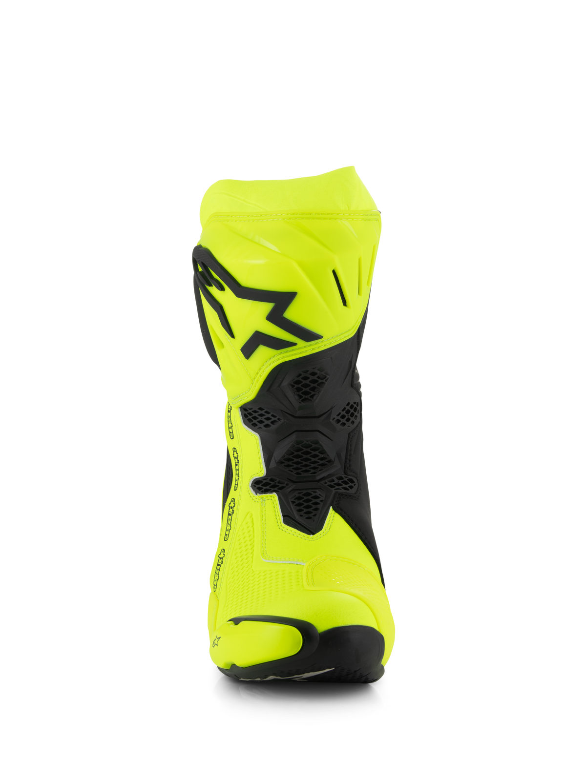 Alpinestars Supertech R-stövlar, motorcykelstövlar för racing, gul fluo och svart, vy framifrån som visar den svarta stjärnlogotypen på skenbensplattan, bikakemönstrade flexzoner och strömlinjeformad design för högpresterande racing.