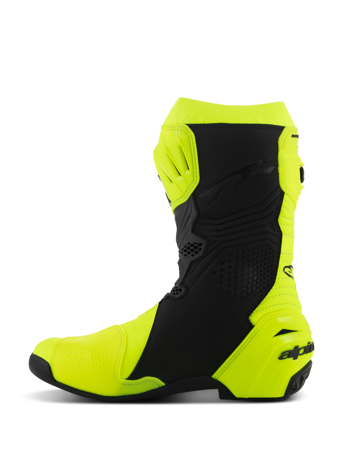 Alpinestars Supertech R-stövlar, racingstövlar för motorcykel, gul fluo och svart, sidoprofil med förstärkt skenbens- och hälskydd, strömlinjeformad ergonomisk design med perforerade paneler och logotyp på hälen.