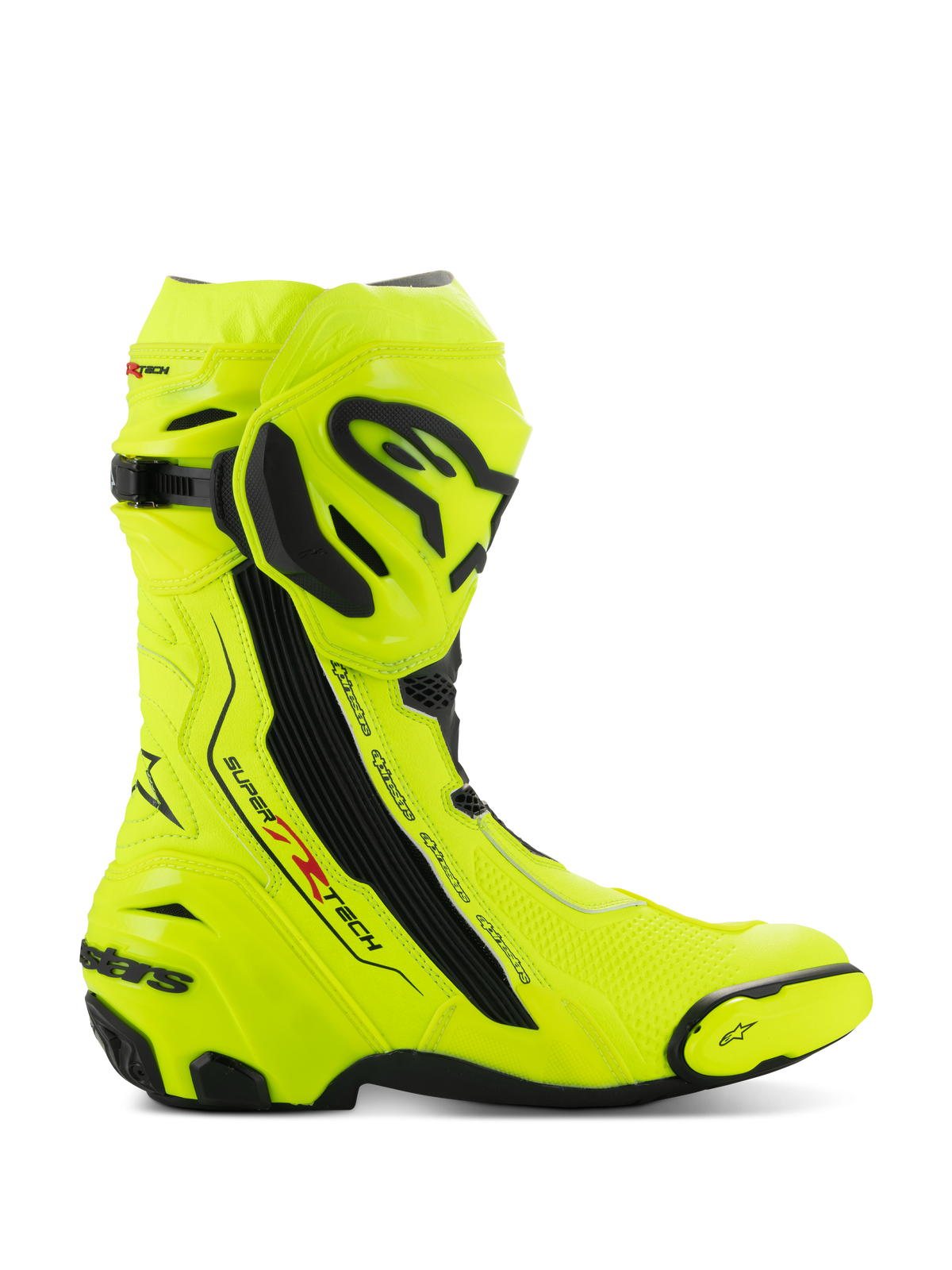 Alpinestars Supertech R-stövlar, motorcykelstövlar för racing, gul fluo/svart, sidovy med hög synlighet i fluorescerande gult och svarta skyddsplattor, Alpinestars-logotyper på skenben och häl, strömlinjeformad aerodynamisk profil för högpresterande körning