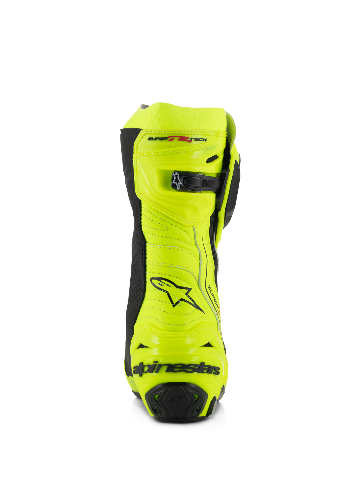 Alpinestars Supertech R-stövlar, racingstövlar för motorcykel, gul fluo och svart, vy bakifrån med förstärkt hälskydd, justerbar vadstängning och tydlig branding, fluorescerande finish för hög synlighet på bana och väg