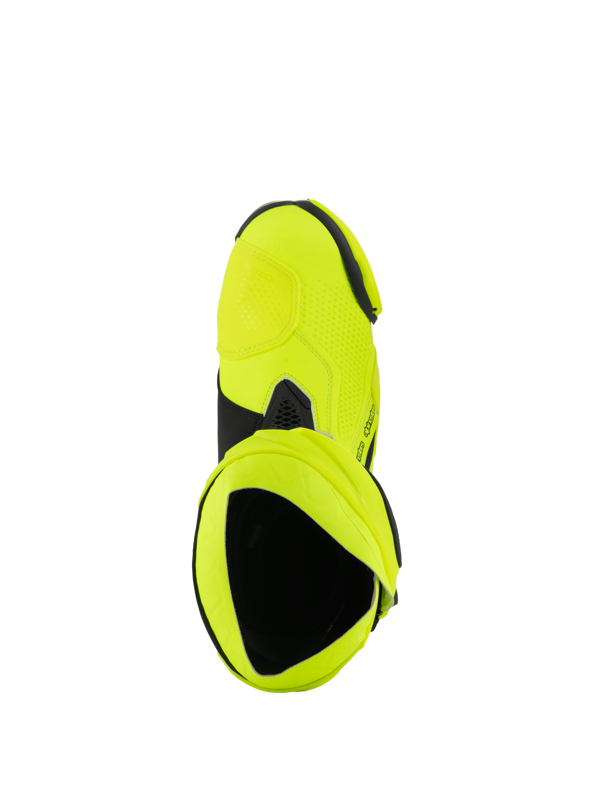 Alpinestars Supertech R-stövlar, racingstövlar för motorcykel, Yellow Fluo Black, vy uppifrån som visar stövelns insida, klar neongul finish med svarta accenter och detaljer på damasken
