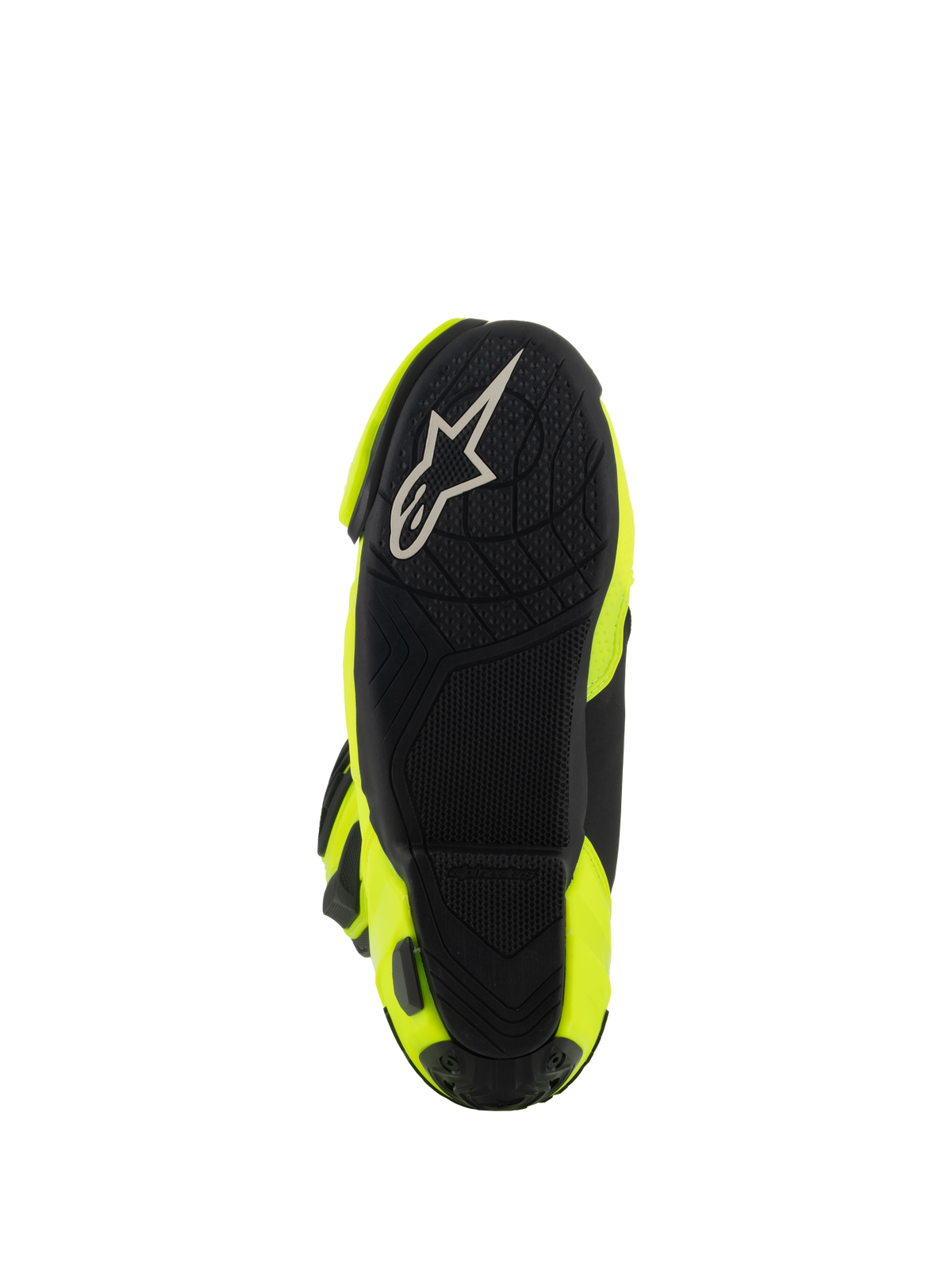 Alpinestars Supertech R-stövlar, motorcykelstövlar för racing, Yellow Fluo Black, vy underifrån som visar svart mönstrad sula med vit Alpinestars-logotyp och neongula sidopaneler