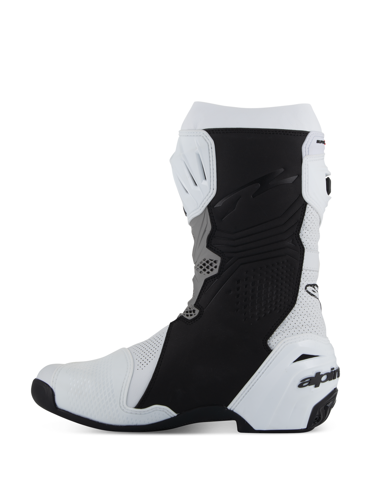 Alpinestars Supertech R Vented Boots, Racing/Sport Motorcycle Footwear, White Mid Gray and Black, side profile view of the medial side featuring perforated microfiber for airflow, black protective grip panels, and white TPU heel counter with branding.
