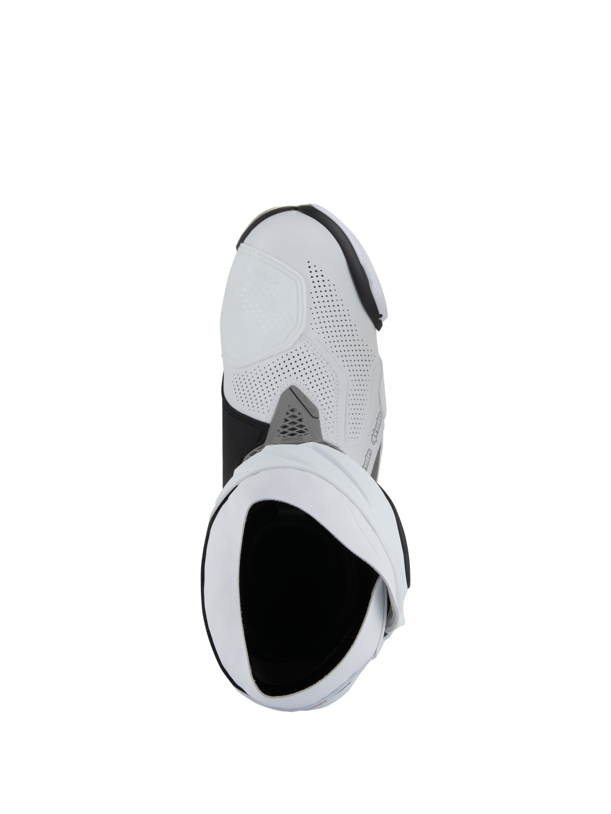 Alpinestars Supertech R Vented Boots, Motorcycle Racing Boots, White Mid Gray and Black, top-down bird's-eye view looking into the boot opening, featuring perforated microfiber construction and sleek racing design