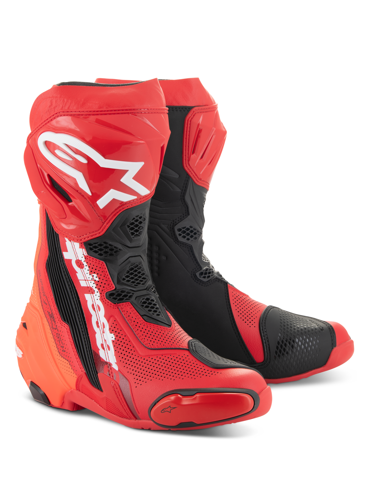 Alpinestars Supertech R Vented-stövlar, klarröda och svarta, högpresterande racingstövlar för motorcykel med omfattande perforeringar, vit A-stjärna-logotyp på smalbenet och hållbara TPU-skyddspaneler