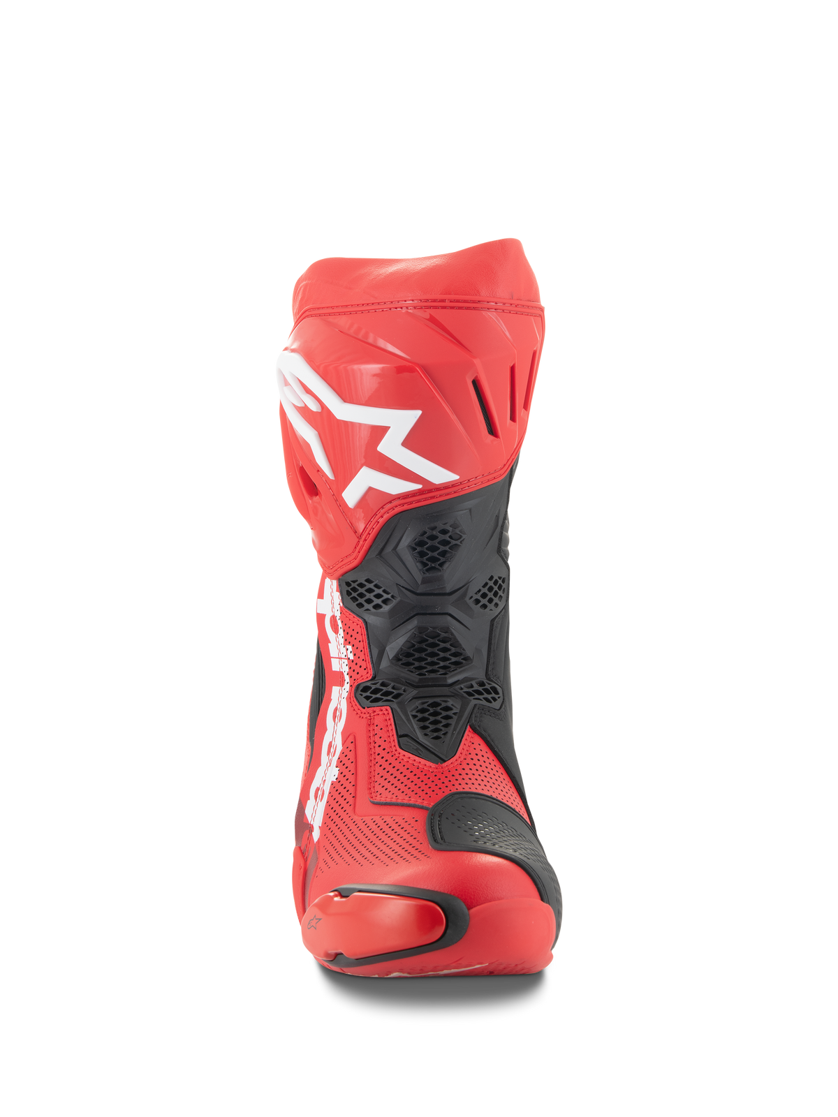 Alpinestars Supertech R Vented-stövlar, vy framifrån, klarröda och Red Fluo med svarta detaljer, vit Alpinestars-logotyp på smalbenet, perforerad mikrofiberkonstruktion för luftflöde, skyddande TPU-paneler för racing