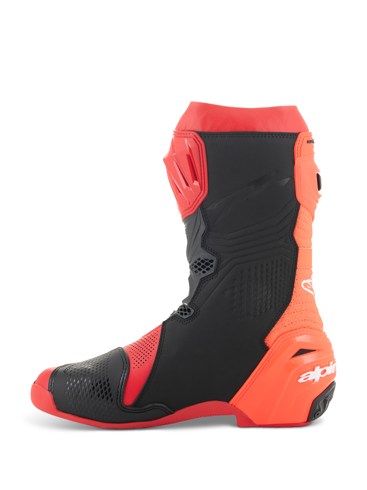 Alpinestars Supertech R Vented-stövlar, racingstövlar för motorcykel, ljusröd och röd fluo med svarta accenter, sidovy med omfattande perforeringar för maximalt luftflöde och TPU-skyddspaneler
