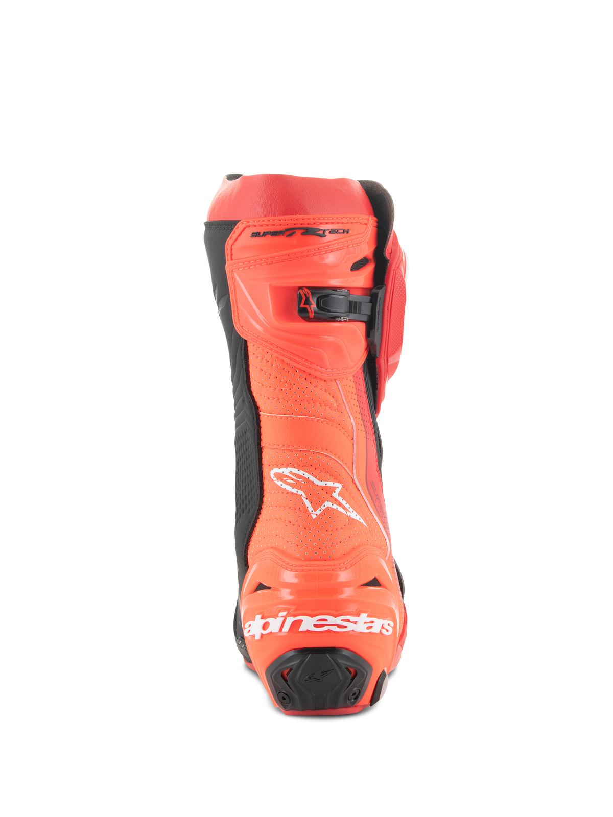 Alpinestars Supertech R Vented-stövlar, racingstövlar för motorcykel, klarröd och neonröd, baksida med perforerad konstruktion för ventilation, TPU-hälskydd och vit Alpinestars-logotyp