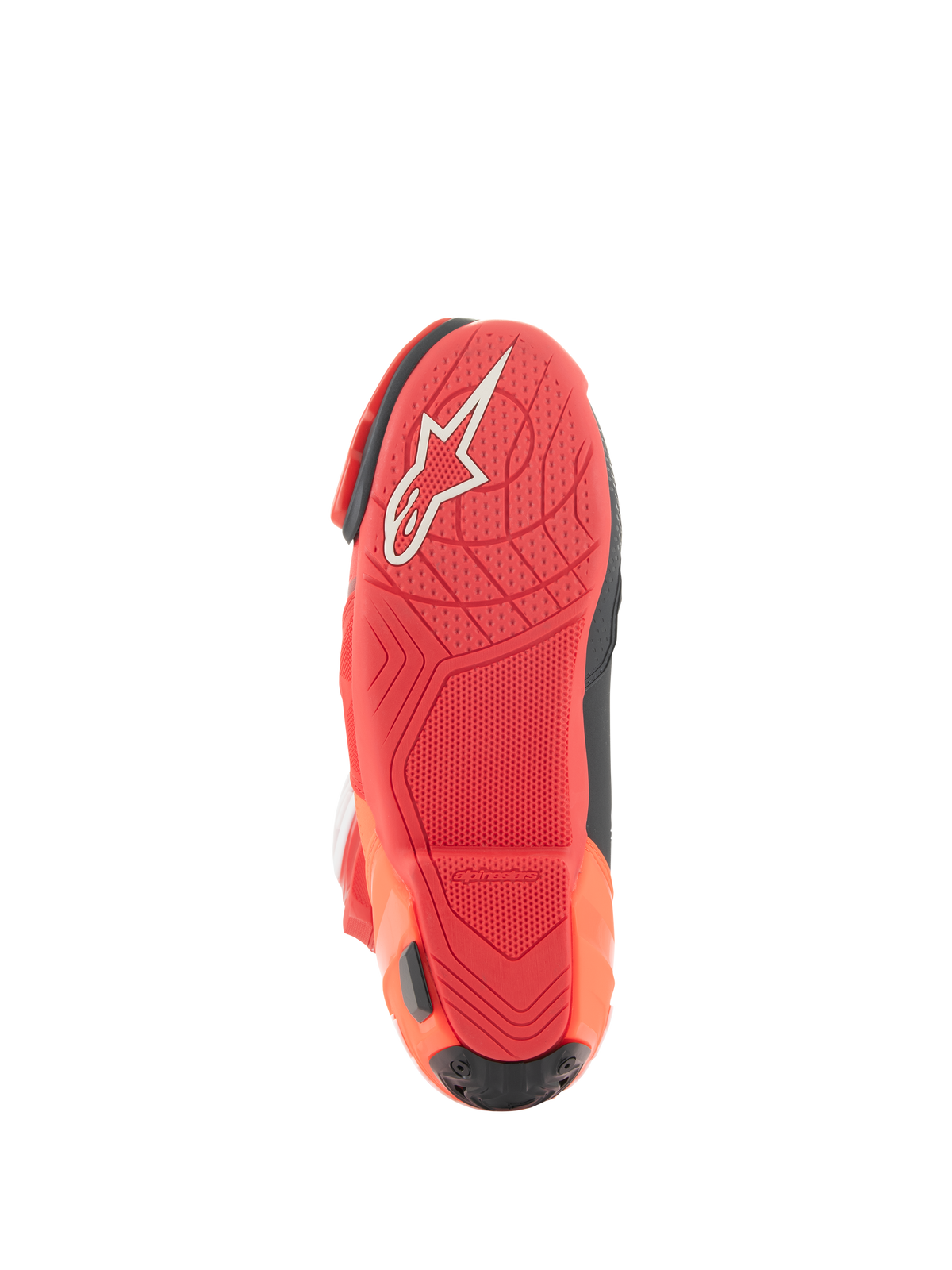 Alpinestars Supertech R Vented-stövlar, racingstövlar, klarröda och Red Fluo, vy av sulan med lätt gummiblandning, vit Alpinestars-logotyp och texturerat greppmönster för motorcykelns fotpinnar.