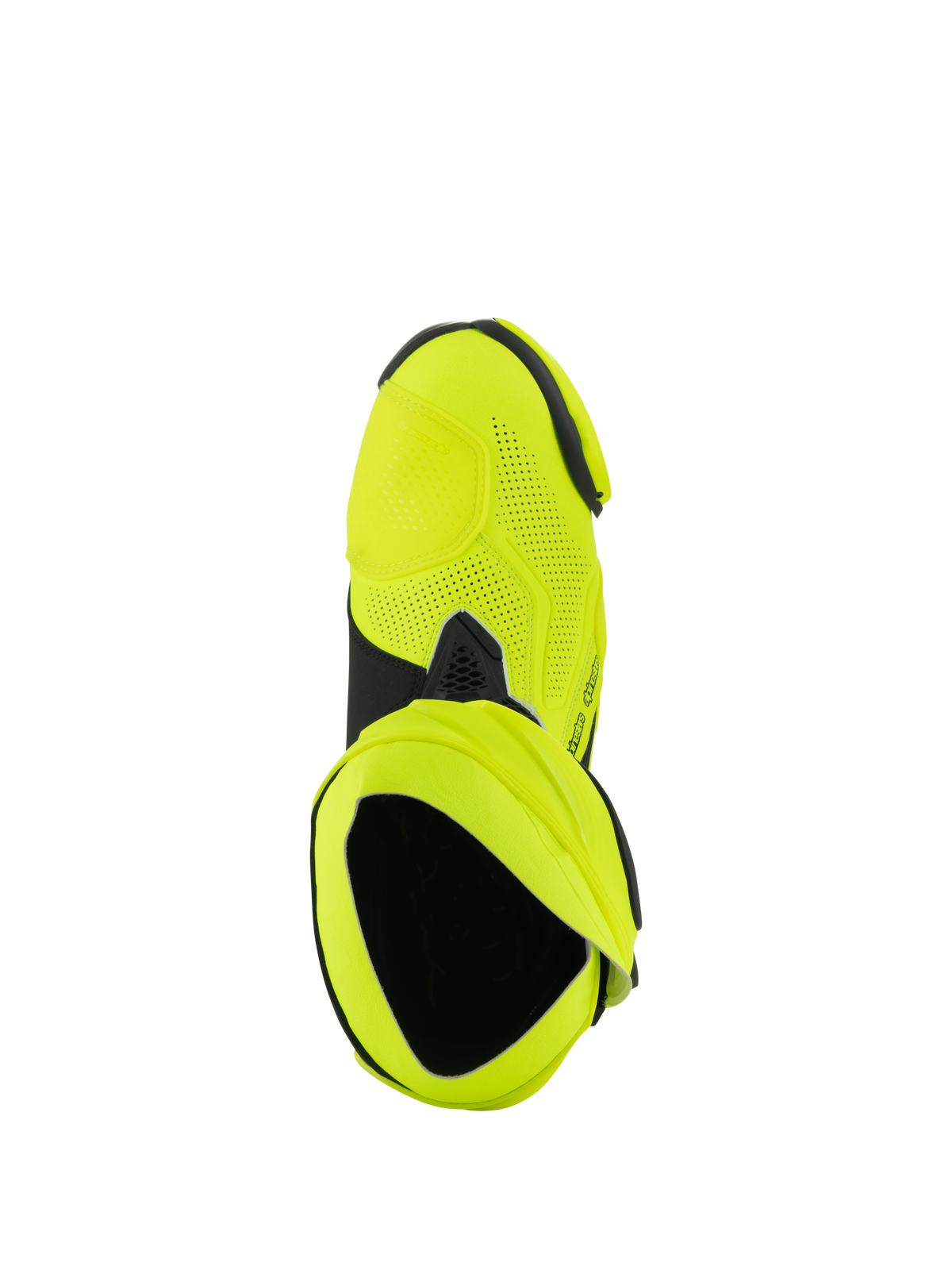 Alpinestars Supertech R Vented Boots, racing motorcycle boots, Yellow Fluo and Black, top-down view showing extensive laser perforations and internal bootie opening.