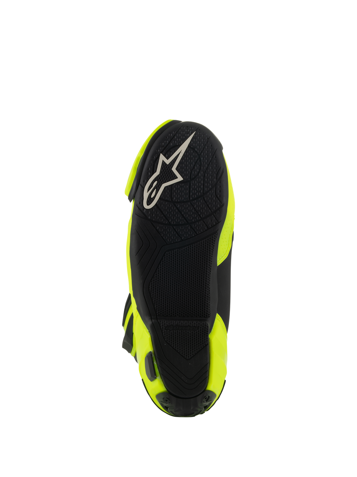 Alpinestars Supertech R Vented Boots, bottom view showing the black rubber sole, textured grip pattern for footpegs, white A-star logo, Yellow Fluo and Black racing motorcycle boot