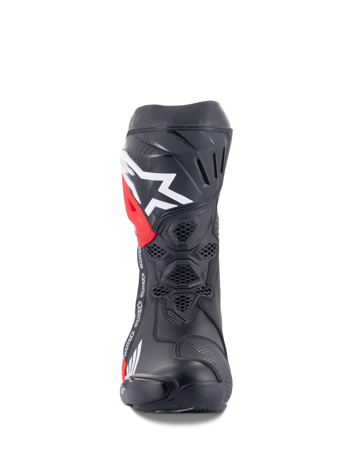 Alpinestars Honda Supertech R-stövlar, racingstövlar för motorcykel, svarta med röda och vita detaljer, vy framifrån som visar bikakeformad nätventilation, stor vit logotyp på skenbenet och högpresterande mikrofiberkonstruktion.