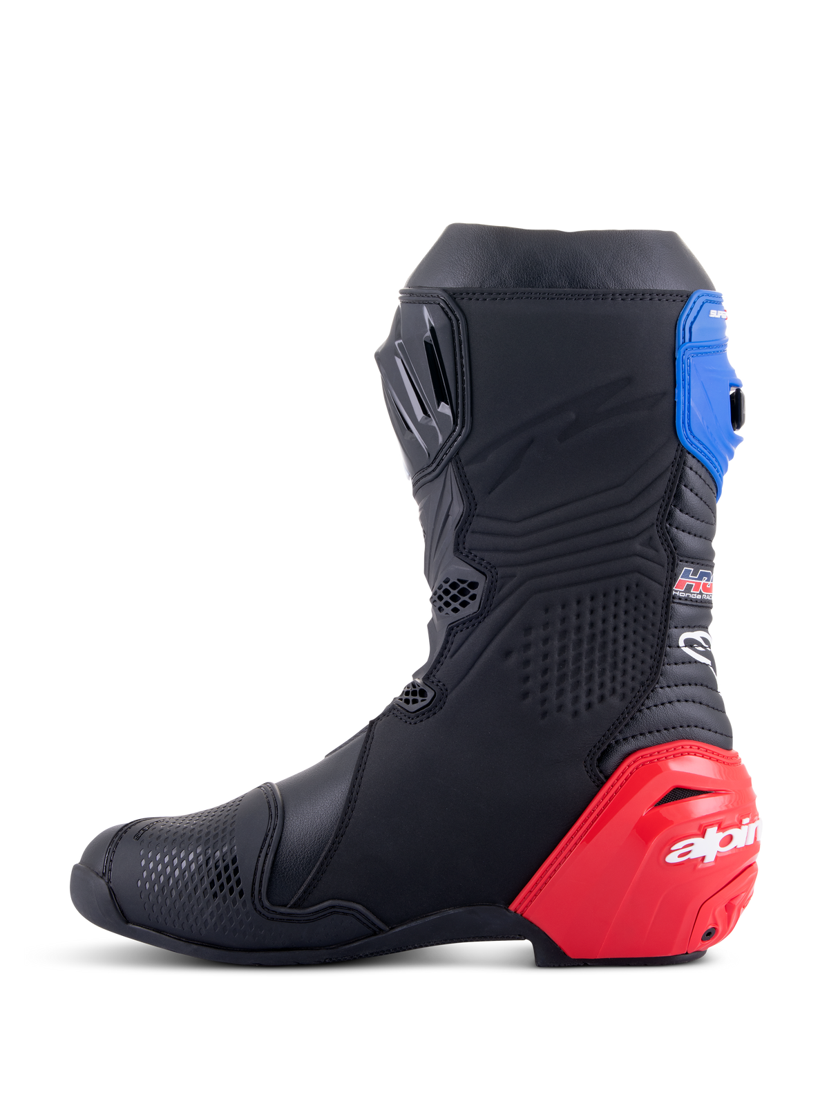 Alpinestars Honda Supertech R-stövlar, racingstövlar för motorcykel, svarta med klarröda och blå detaljer, med en framträdande röd TPU-hälslider, blå toppdamask och Alpinestars-branding, teknisk design för professionell prestation på bana och väg.
