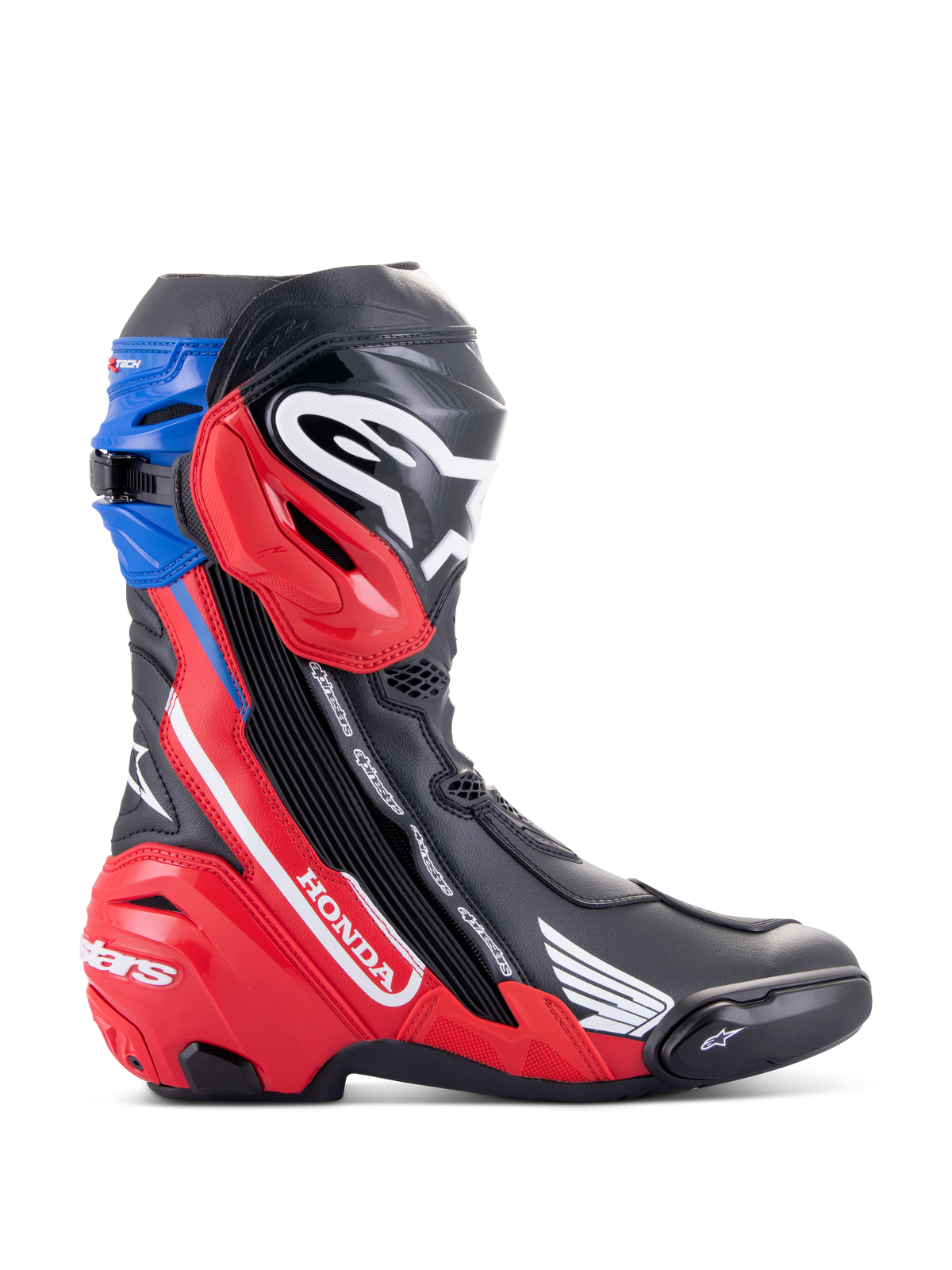 Alpinestars Honda Supertech R-stövlar, racingstövlar för motorcykel, svarta med klarröda och blå detaljer, vit Honda-logotyp på röd sidopanel, Alpinestars-logotyp på smalbenet, blå övre damask, strömlinjeformad aerodynamisk design med avancerat TPU-skydd