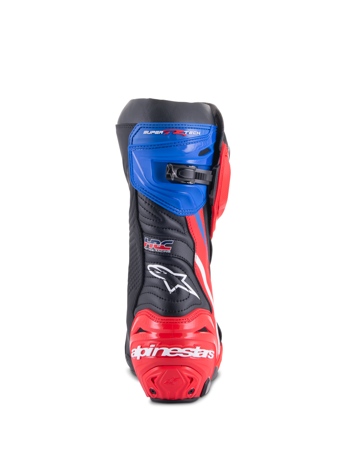 Alpinestars Honda Supertech R-stövlar, motorcykelstövlar för racing, svarta, klarröda och blå, vy bakifrån med en röd förstärkt häl med vit logotyp, blå övre damask med mikrojusterbart spärrspänne och HRC-logotyp på baksidan