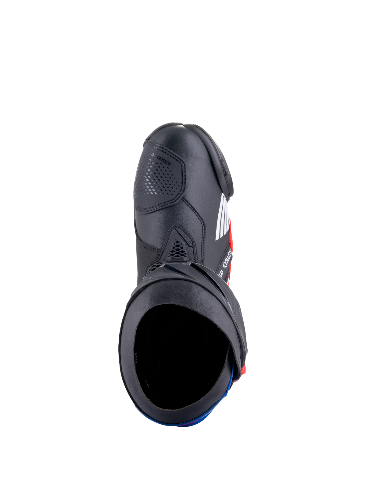 Alpinestars Honda Supertech R-stövlar, racingstövlar för motorcykel, svarta, klarröda och blå, vy uppifrån som visar stövelns öppning och mikrofiberkonstruktion, med skyddande TPU-plattor och en strömlinjeformad racingdesign