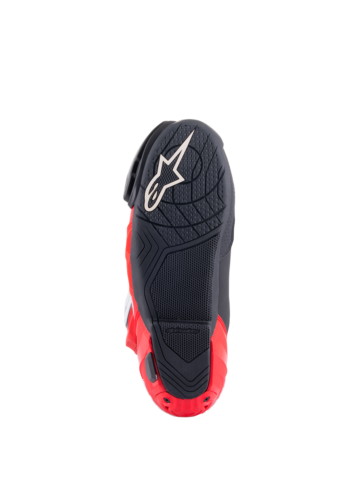 Alpinestars Honda Supertech R-stövlar, vy av sula, svart och klaröd, med en mönstrad gummiblandning för grepp, vit Astar-logotyp på framfoten och röd hälplattaslider, högpresterande racingstövlar för motorcykel.