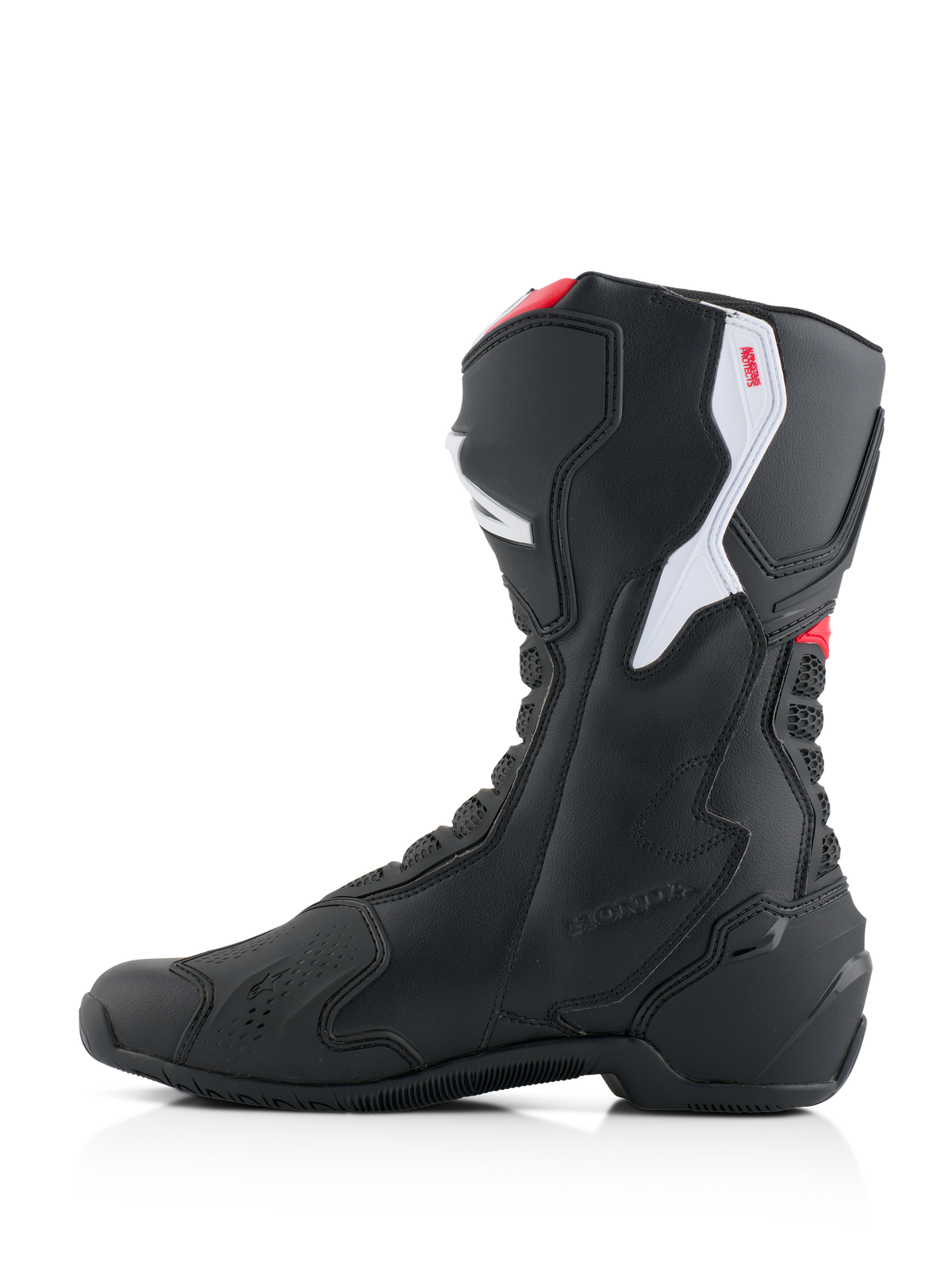 Alpinestars Honda SMX-6 V3-stövlar, prestandastövlar för motorcykel, svarta med klarröda och vita detaljer, medial sidoprofil, med hållbar mikrofiberkonstruktion, skyddande TPU-paneler och präglad Honda-logotyp.