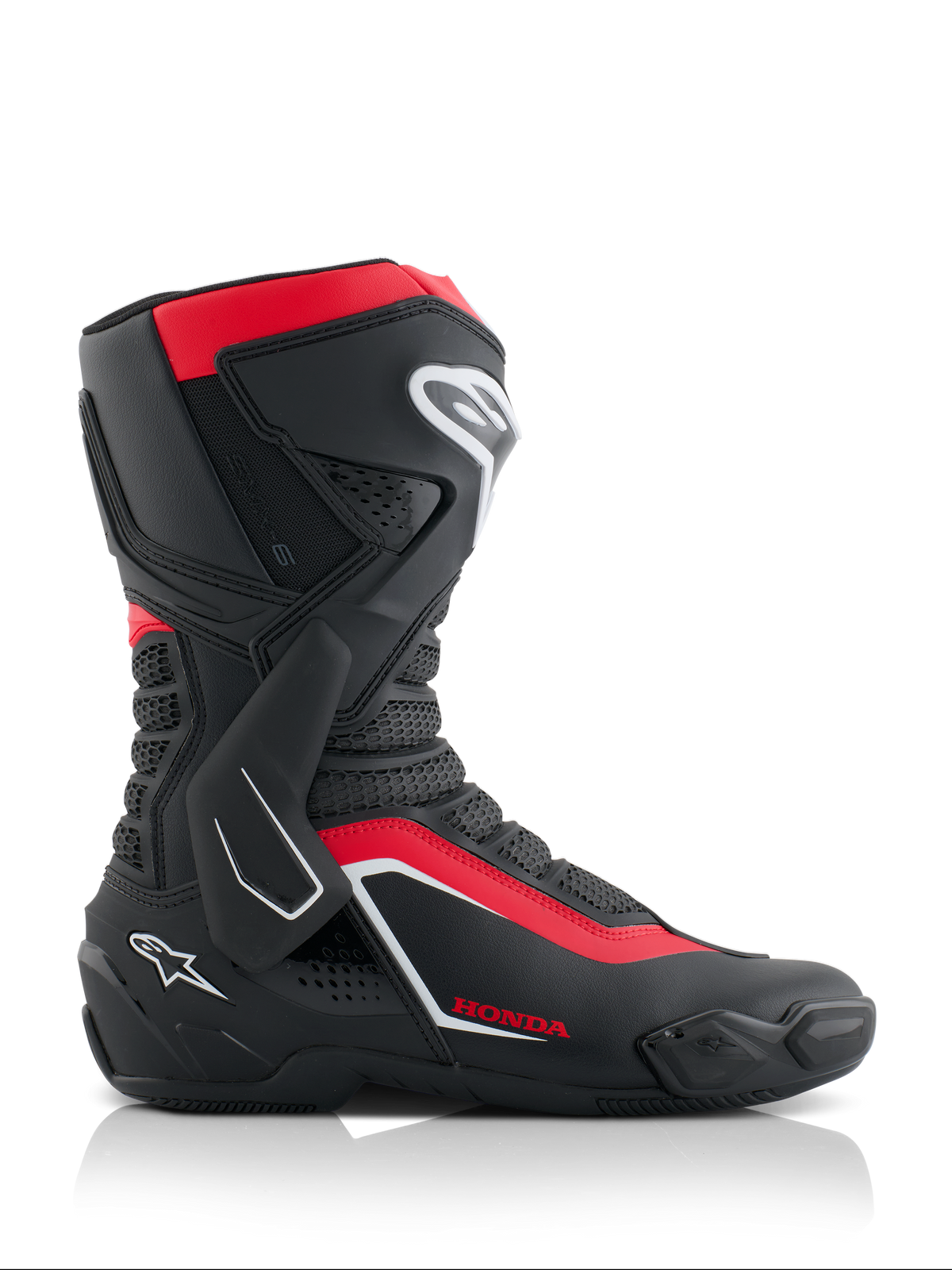 Alpinestars Honda SMX-6 V3-stövlar, prestandastövlar för motorcykel, svart, lysande röd och vit, sidovy med mikrofiberkonstruktion och TPU-skydd, lateralt fotledsstöd och Honda-logotyp, professionell racing- och landsvägsutrustning