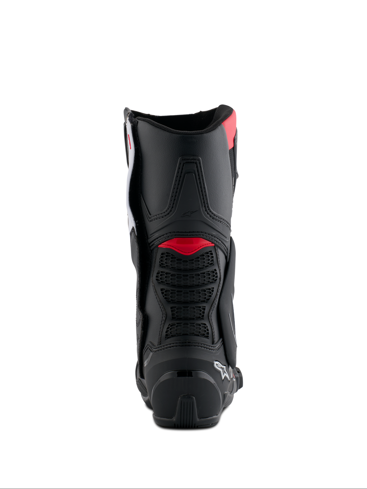 Alpinestars Honda SMX-6 V3-stövlar, vy bakifrån, svarta med klarröda och vita detaljer, prestandastövlar för motorcykel med TPU-skydd för bakre vaden och ventilationsdetaljer