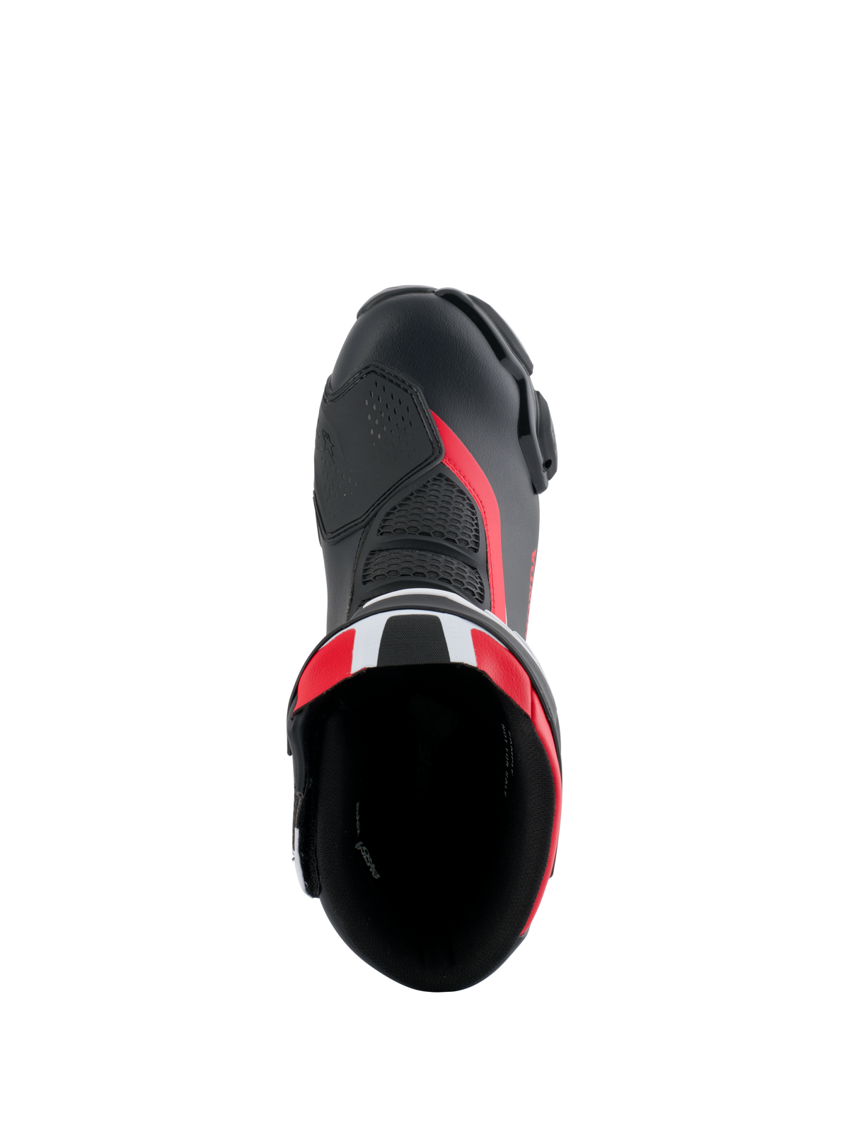 Alpinestars Honda SMX-6 V3-stövlar, prestandastövlar för motorcykel, svart, klarröd och vit, vy uppifrån ned i stövelöppningen, med ovandel i mikrofiber, meshdetaljer och röda accenter, smidig aerodynamisk design för körning på bana och gata