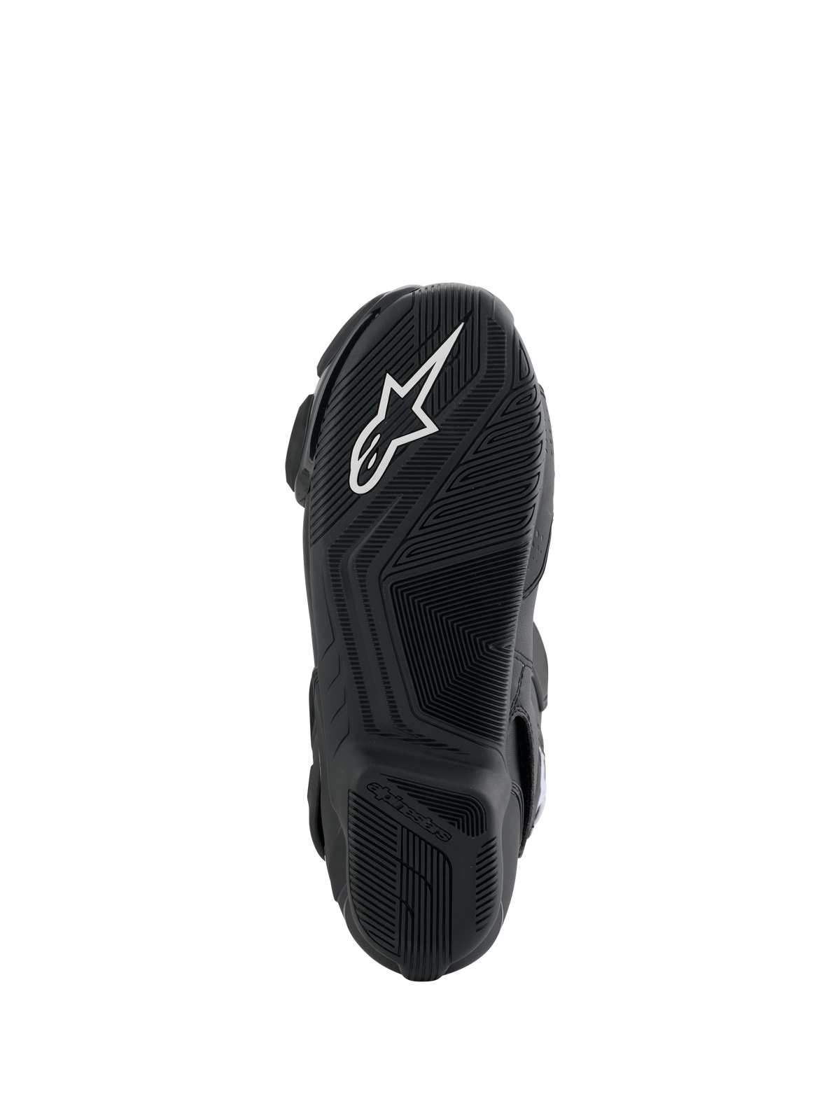 Alpinestars Honda SMX-6 V3-stövlar, vy av sulan, svart yttersula i gummi med vit Alpinestars-logotyp, mönstrad greppdesign för precision på motorcykelns reglage
