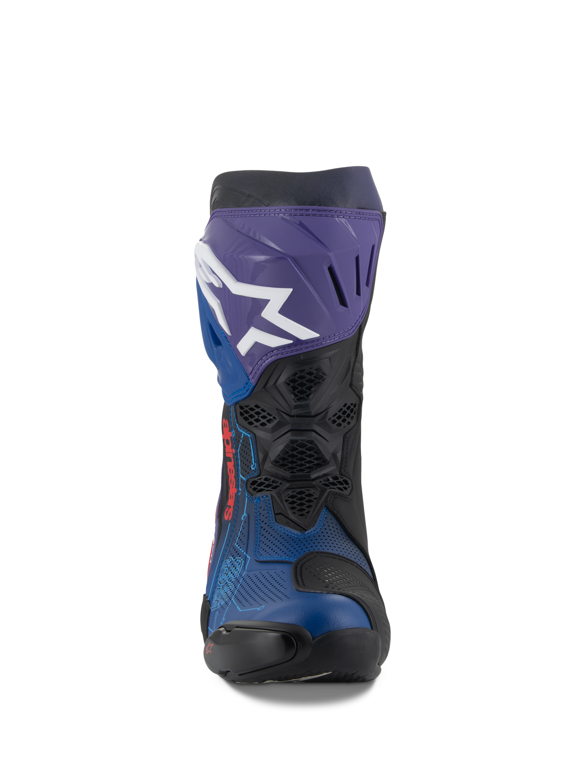 Alpinestars Supertech R LE Martinator R01 Ventilerade Stövlar, racingstövlar för motorcykel, blå, lila, röd och svart, vy framifrån med en vit Alpinestars-logotyp på den lila skenbensplattan, perforerad ovandel i mikrofiber för maximalt luftflöde, teknisk högpresterande racingdesign