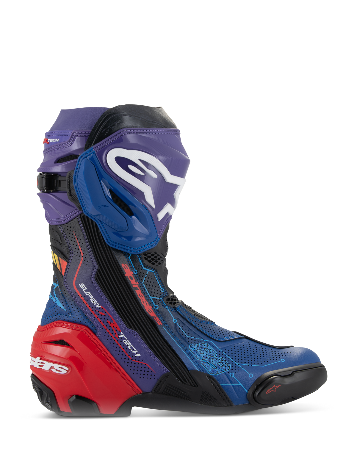 Alpinestars Supertech R LE Martinator R01 ventilerade stövlar, högpresterande racingstövlar för motorcykel, livfull färgkombination i blått, lila och rött, med ett chassi i perforerad mikrofiber, en framträdande vit Alpinestars-logotyp på skenbensplattan och ett förstärkt rött hälskydd