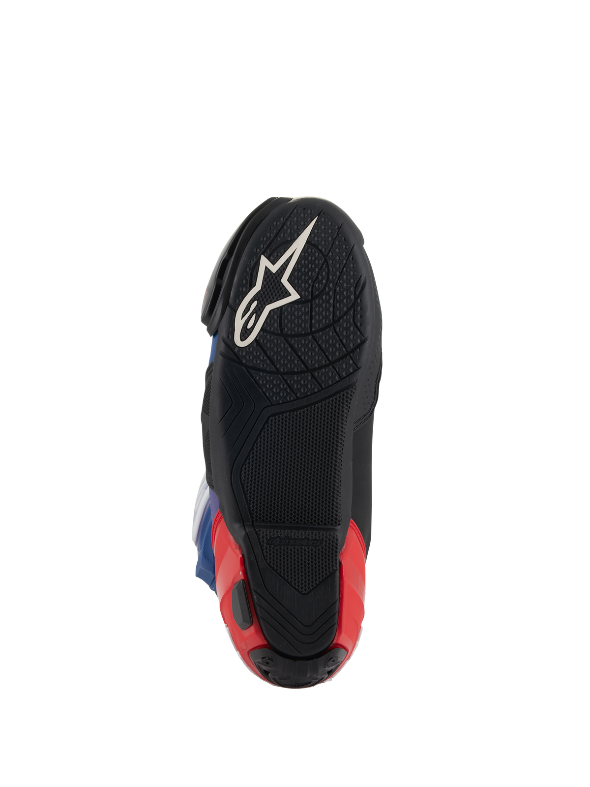 Alpinestars Supertech R LE Martinator R01 ventilerade stövlar, vy av sula, svarta med vit Astars-logotyp och röd häl, texturerad gummiblandning för grepp, racing-prestanda fotbeklädnad
