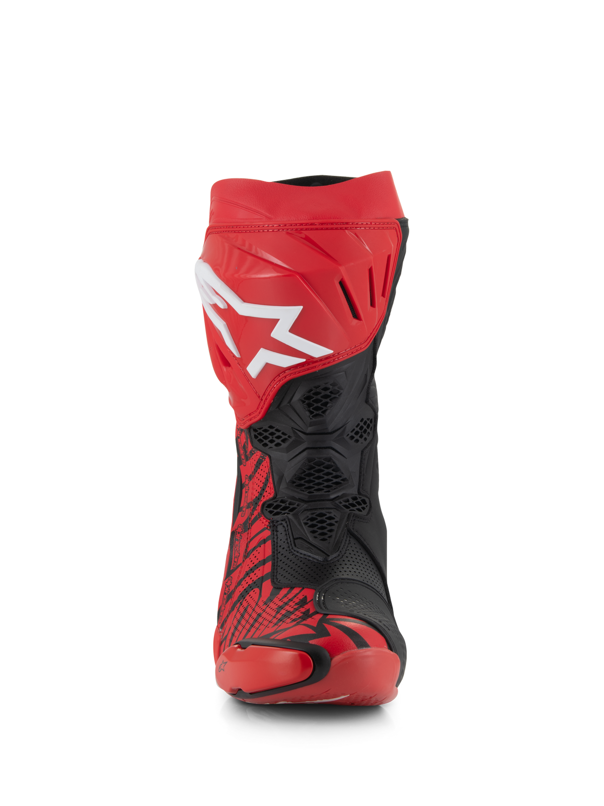 Alpinestars Supertech R LE Pecco Bagnaia Ventilerade Stövlar, röda och svarta racingstövlar, vy framifrån, med en stor vit Alpinestars-logotyp på den röda skenbensplattan, svarta perforerade meshzoner för maximalt luftflöde och djärva röda och svarta grafiska mönster.