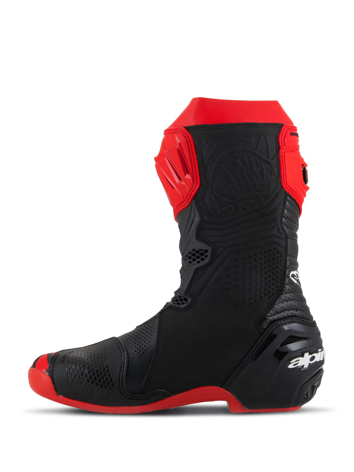 Alpinestars Supertech R LE Pecco Bagnaia ventilerade stövlar, racingstövlar för motorcykel, röda och svarta, profilvy från sidan, med omfattande perforeringar, röd TPU-skenbensplatta, förstärkt häl och röd sula, aerodynamisk design för högpresterande racing