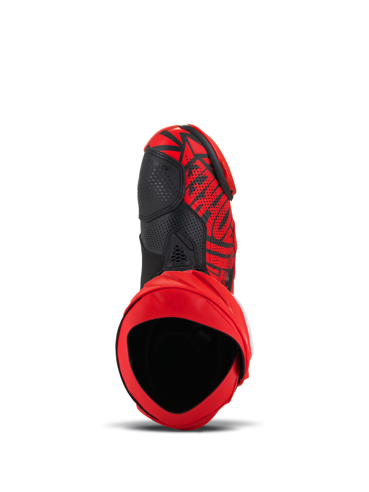 Alpinestars Supertech R LE Pecco Bagnaia Vented Boots, röda och svarta, vy uppifrån som visar den inre öppningen och ovandelen i perforerad mikrofiber, djärv grafisk design med svarta accenter, professionell racingutrustning för motorcykel