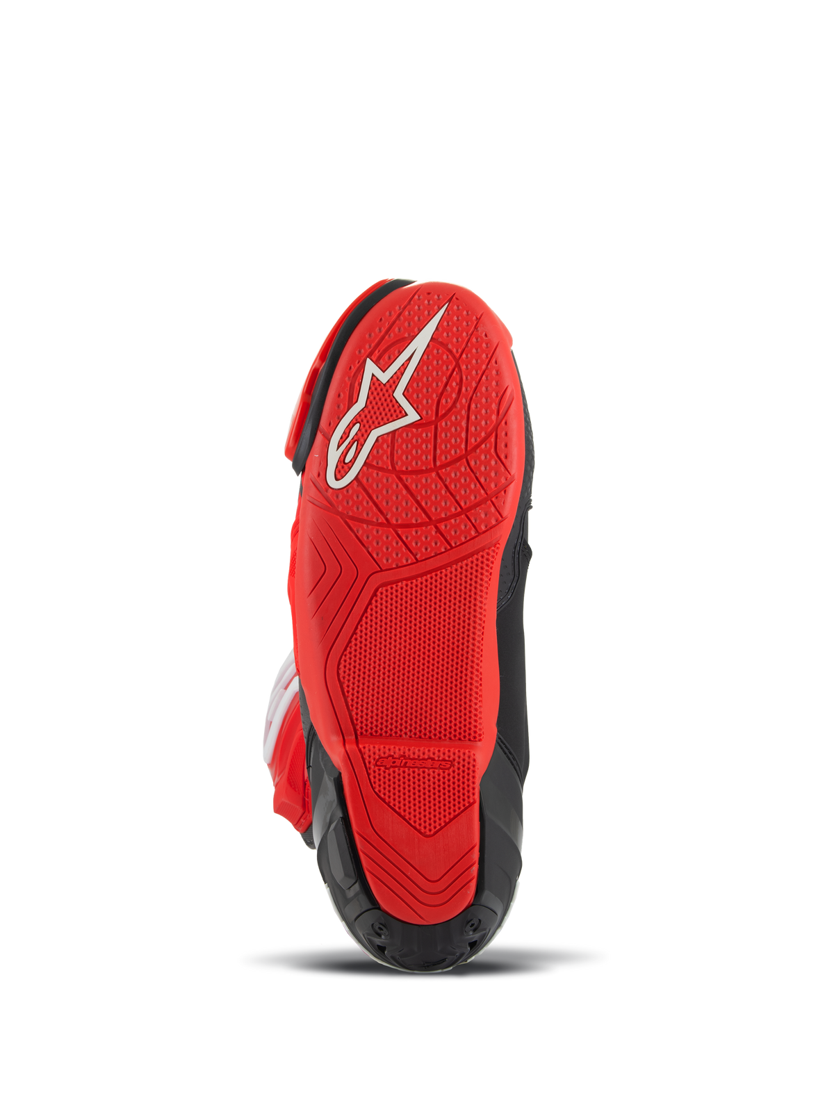 Alpinestars Supertech R LE Pecco Bagnaia ventilerade stövlar, racingstövlar för motorcykel, röd och svart, vy underifrån med röd gummisula, vit logotyp och mönstrat grepp