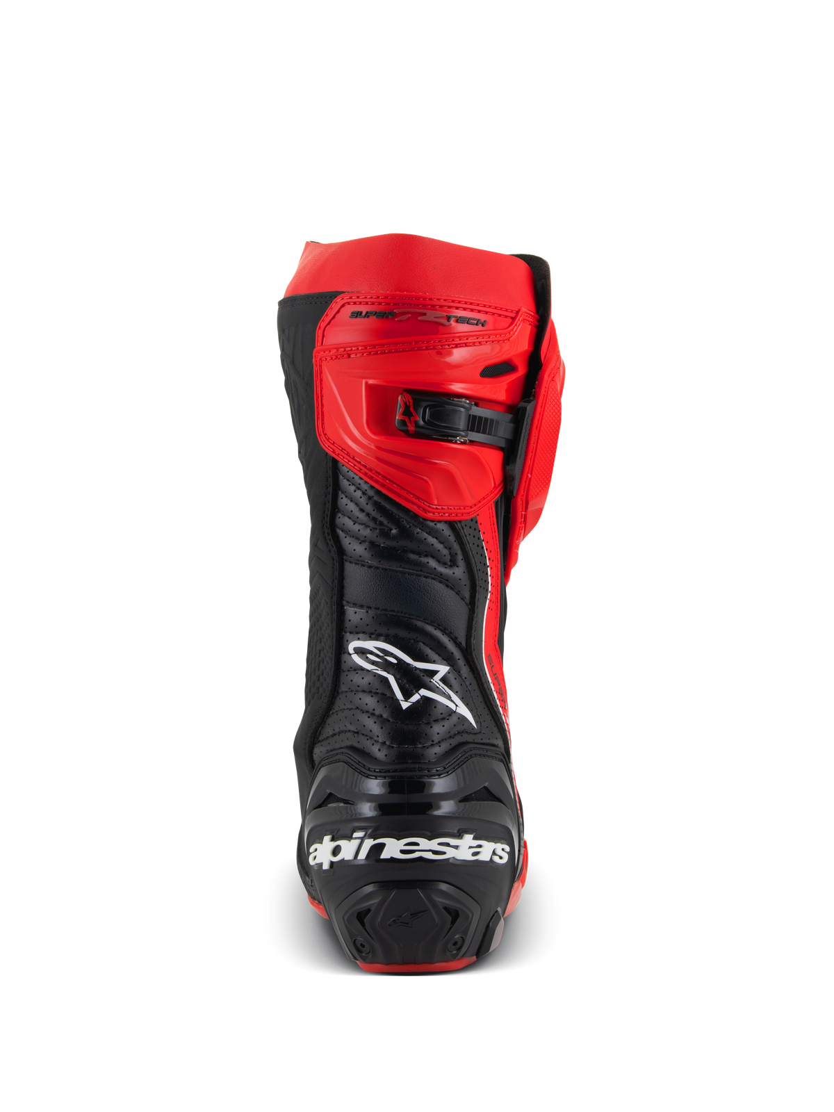 Alpinestars Supertech R LE Pecco Bagnaia ventilerade stövlar, vy bakifrån av en röd och svart racingstövel för motorcykel, perforerad läderdesign, vit Alpinestars-logotyp på baksidan, justerbart spärrspänne, professionell racingutrustning