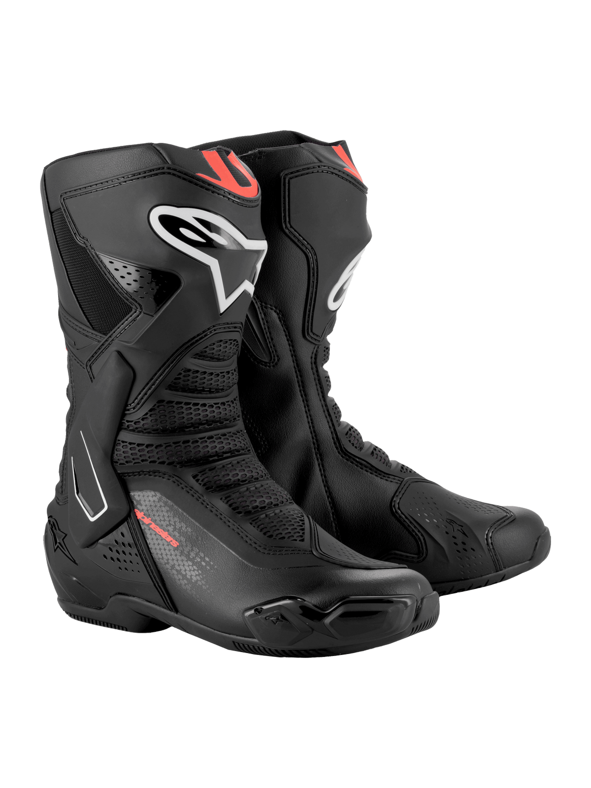 Alpinestars SMX-6 V3 Boots, Black with Red Fluo accents, performance racing and street motorcycle boots, featuring TPU ankle brace and shin protection, sleek microfiber construction with white Alpinestars logo.