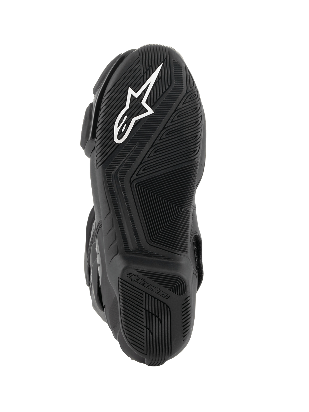Alpinestars SMX-6 V3 Boots, bottom sole view, black rubber compound with textured grip pattern, featuring white Alpinestars logo on the forefoot and embossed branding on the heel, performance motorcycle footwear