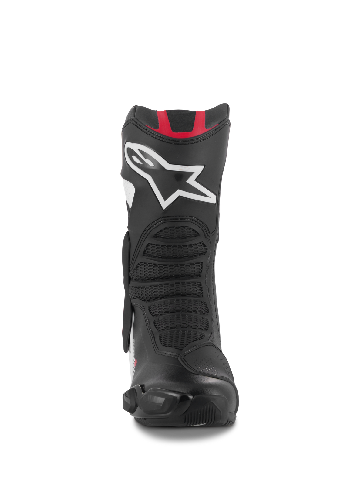 Alpinestars SMX-6 V3 Boots, Performance Riding Boots, Black White Red Graphic, front view featuring a large white Astar logo on the shin, red accents at the top, and mesh-textured flex zones for track and street riding.