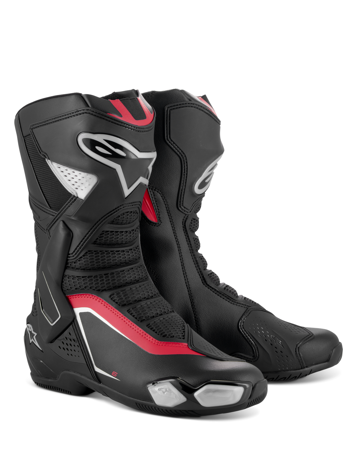 Alpinestars SMX-6 V3-stövlar, prestandastövlar för motorcykel, svart, silver och röd, med en smidig mikrofiberöverdel med TPU-skydd, röda detaljer och Alpinestars-logotyp på sidan