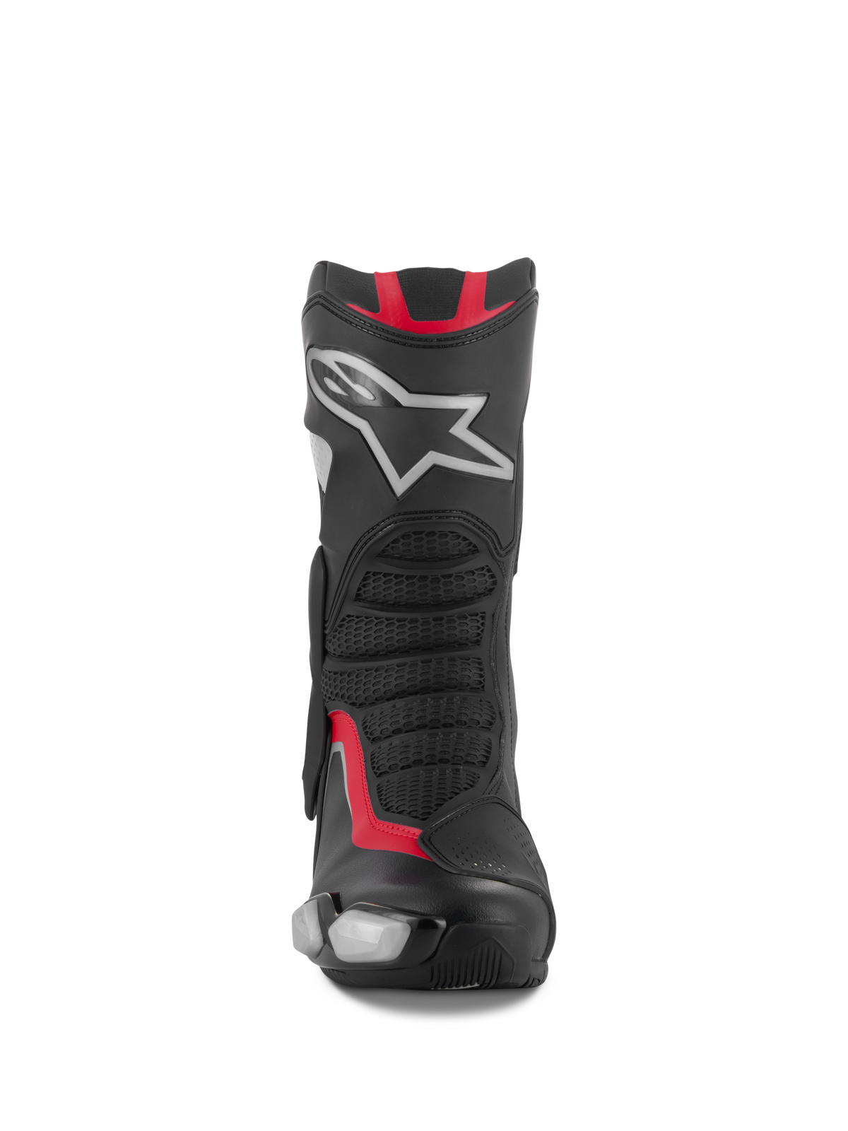 Alpinestars SMX-6 V3-stövlar, motorcykelstövlar för racing och sport, svart, silver och röd, vy framifrån med TPU-skenbensplatta med silverfärgad stjärnlogotyp, flexpaneler i mesh och konstruktion i högpresterande mikrofiber