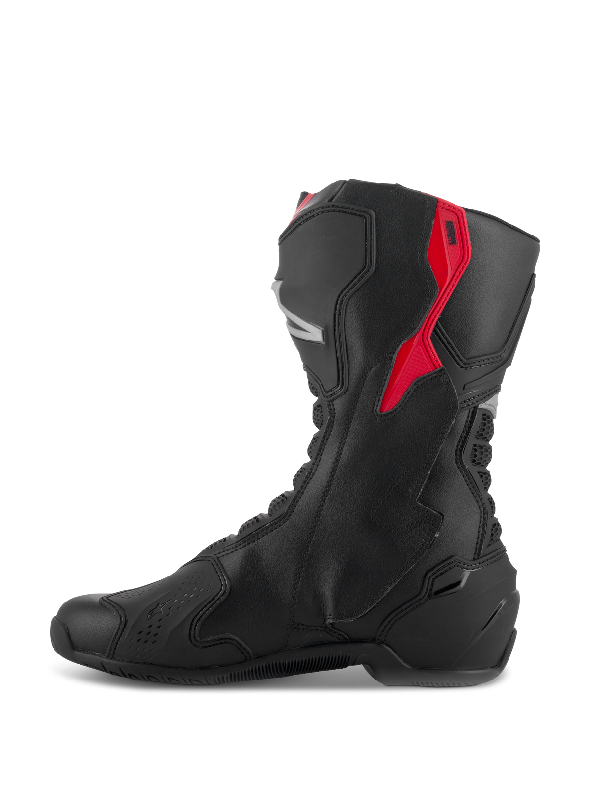 Alpinestars SMX-6 V3-stövlar, högpresterande motorcykelstövlar, svarta med röda och silverfärgade detaljer, sidoprofil som visar mikrofiberkonstruktion och skyddande TPU-paneler, tävlingshärledd design för prestanda på bana och gata