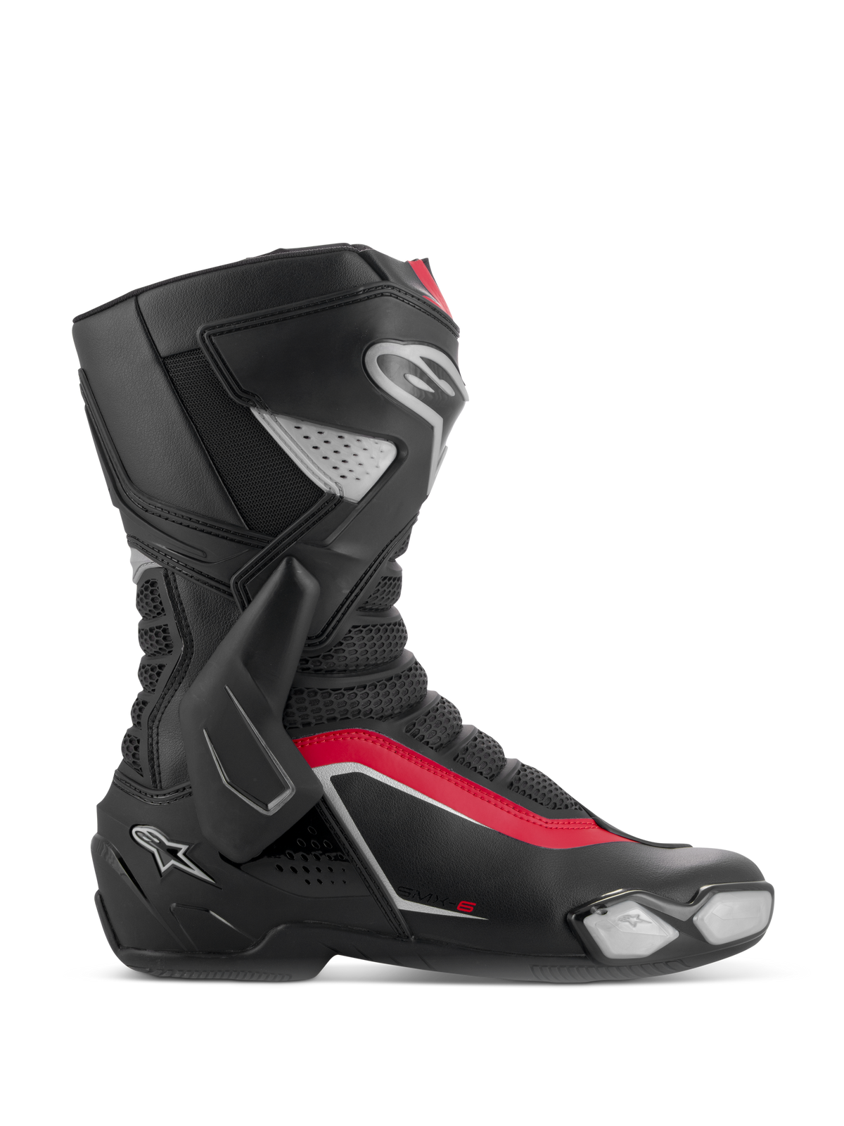 Alpinestars SMX-6 V3-stövlar, racingstövlar för motorcykel, svarta, silverfärgade och röda, sidoprofil som visar lateralt TPU-fotledsstöd, utbytbar tåslider och flexzoner i mesh för prestanda på bana och gata