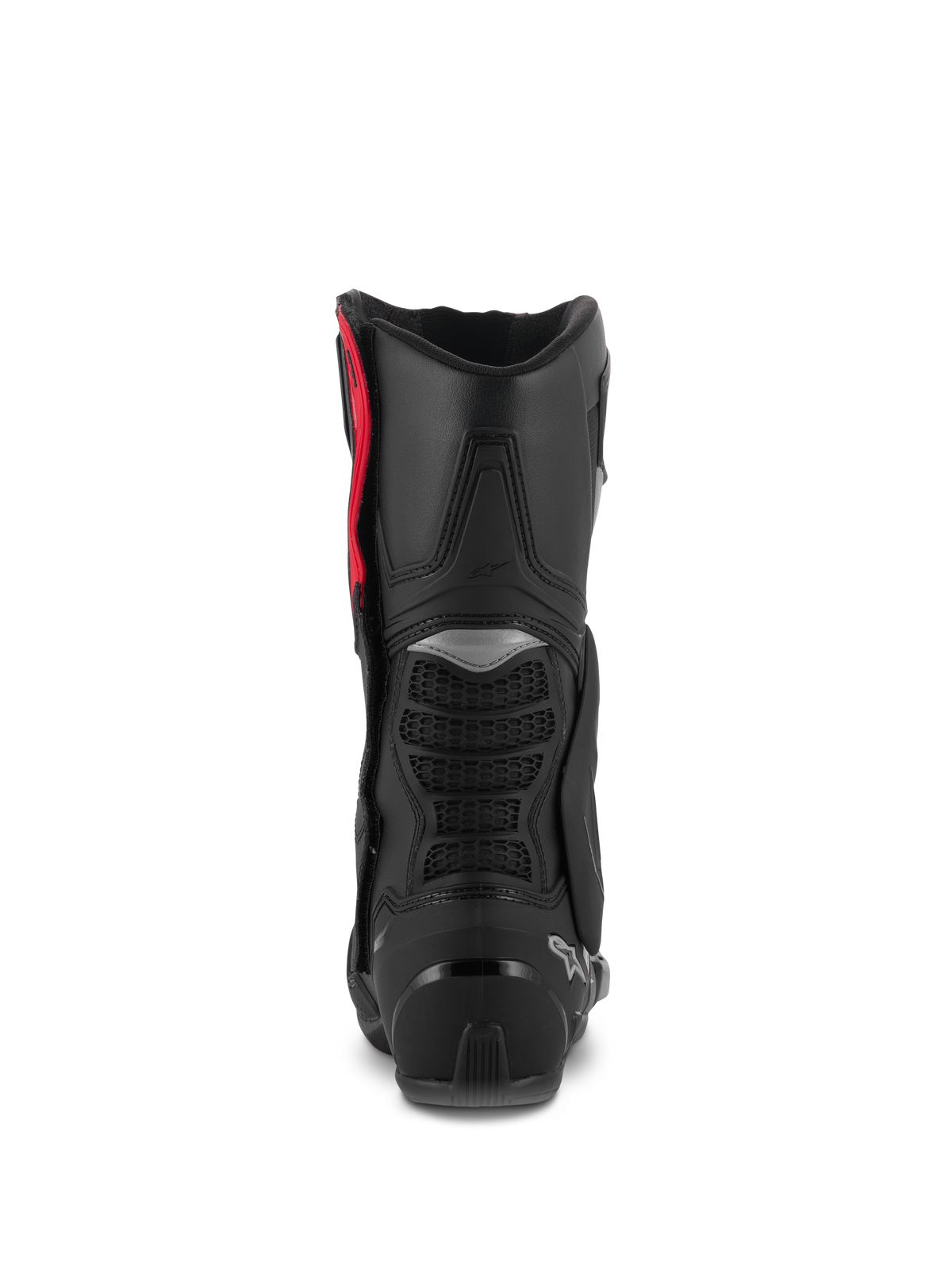 Alpinestars SMX-6 V3-stövlar, prestandastövlar för motorcykel, svart, silver och röd, vy bakifrån som visar TPU-vadskyddet, flexzoner i mesh och hälförstärkning, högpresterande skyddsskor