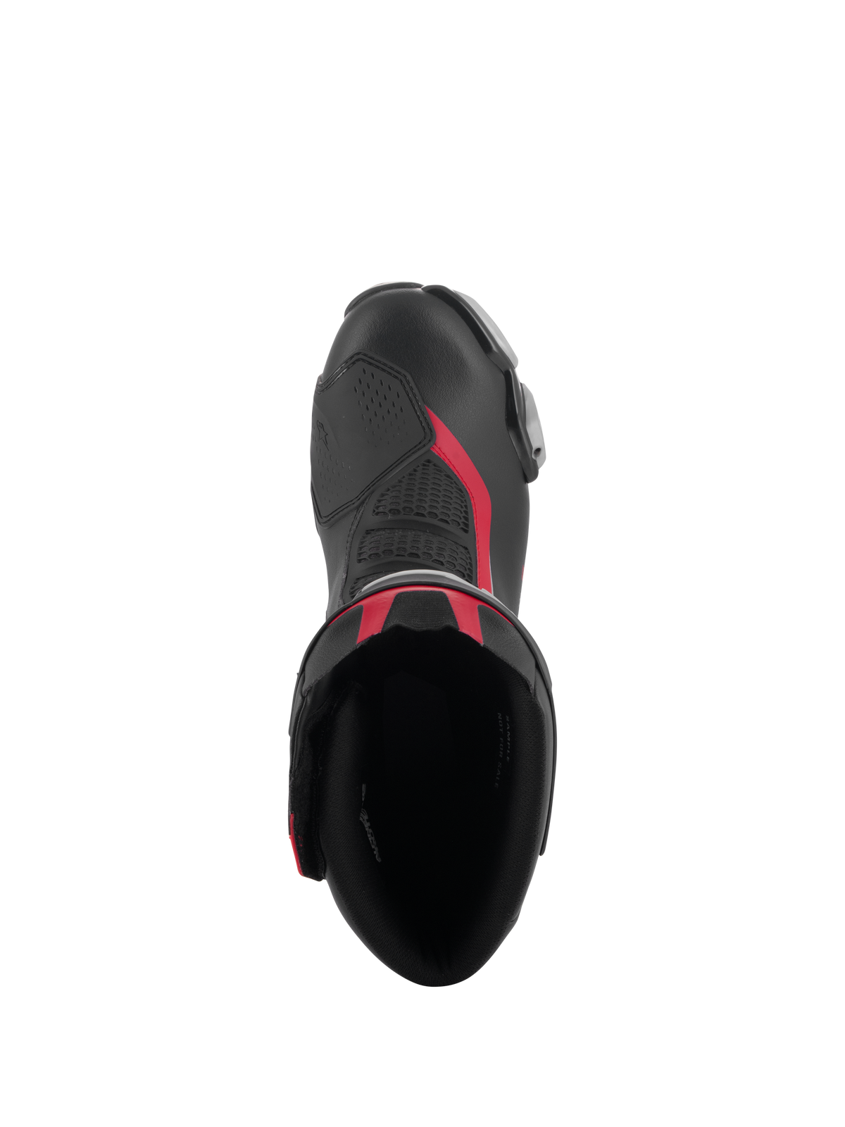 Alpinestars SMX-6 V3-stövlar i svart, silver och rött, vy uppifrån som visar stövelns öppning, mikrofiberkonstruktion med röda detaljer och integrerad TPU-växlingszon.