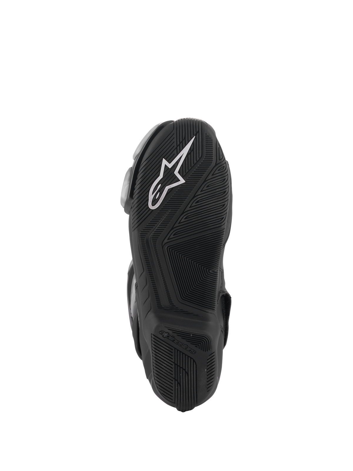 Alpinestars SMX-6 V3-stövlar, svarta, vy av undersidan med en texturerad gummiyttersula för grepp, vit Alpinestars-logotyp på hälen, präglad logotyp, designade för prestandakörning på bana och gata.