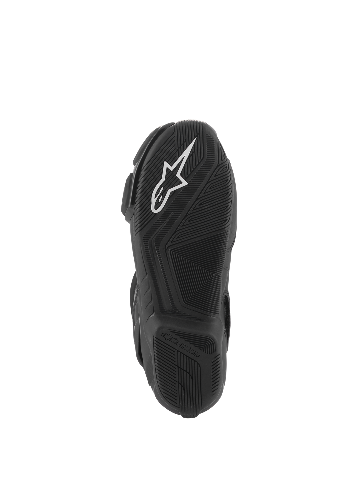 Alpinestars Stella SMX-6 V3 Boots, sole view, black lightweight rubber compound with textured grip, white Alpinestars logo, designed for track and street performance