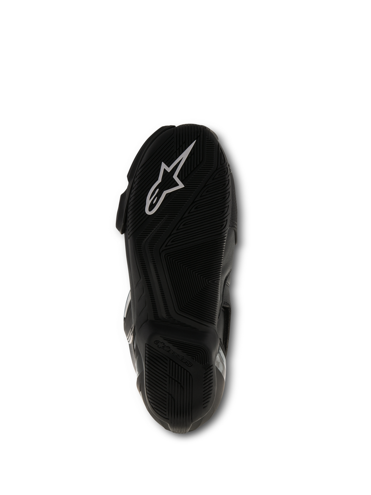 Alpinestars SMX S-stövlar, svarta, vy av sulans undersida som visar den mönstrade gummiblandningen och vit Alpinestars-logotyp, högpresterande motorcykelskor för racing