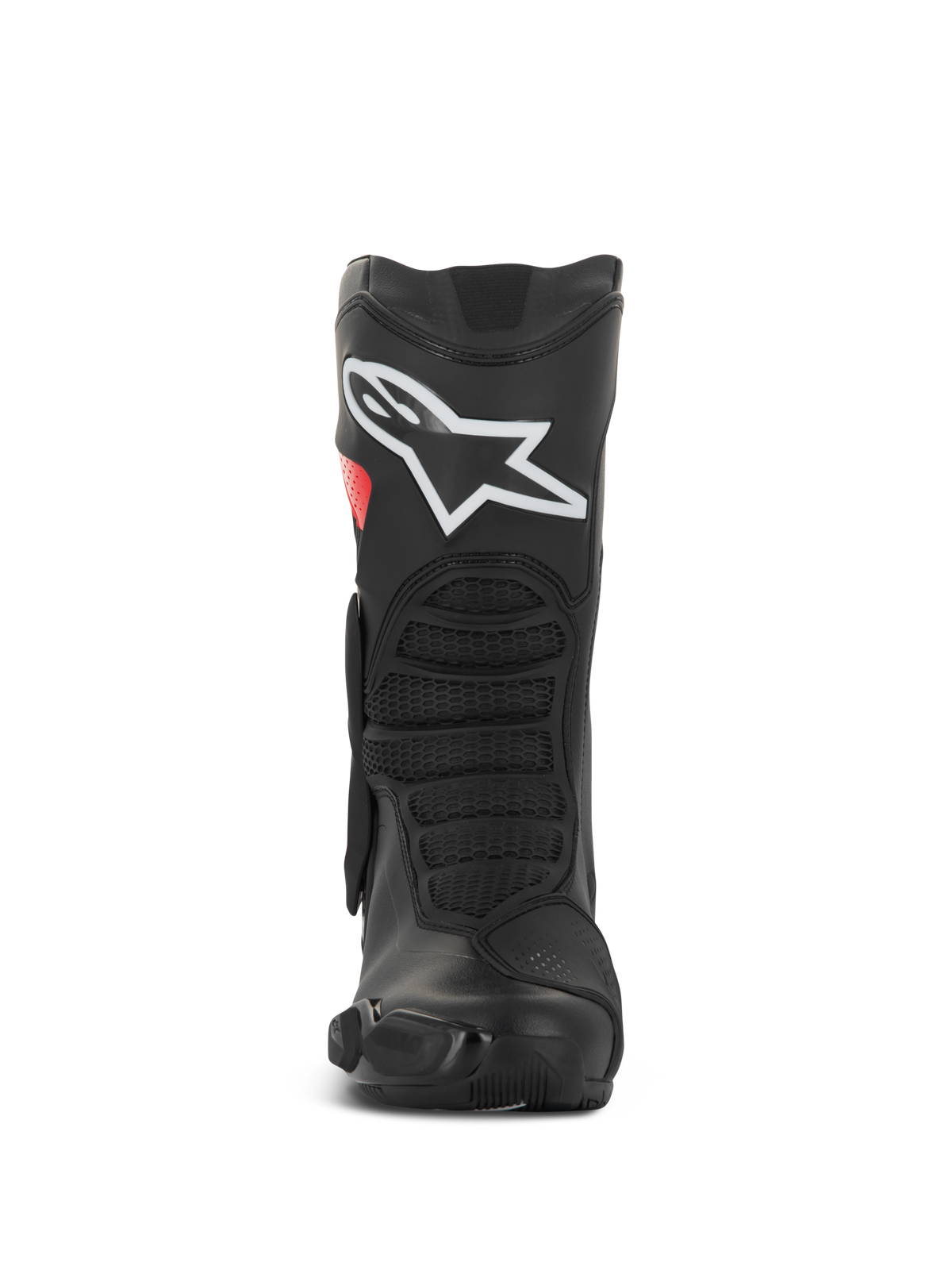 Alpinestars SMX-6 V3 Drystar®-stövlar, högpresterande motorcykelstövlar, svarta och röda, vy framifrån med stor vit logotyp på smalbenet, texturerade främre flexzoner och strömlinjeformad skyddande design