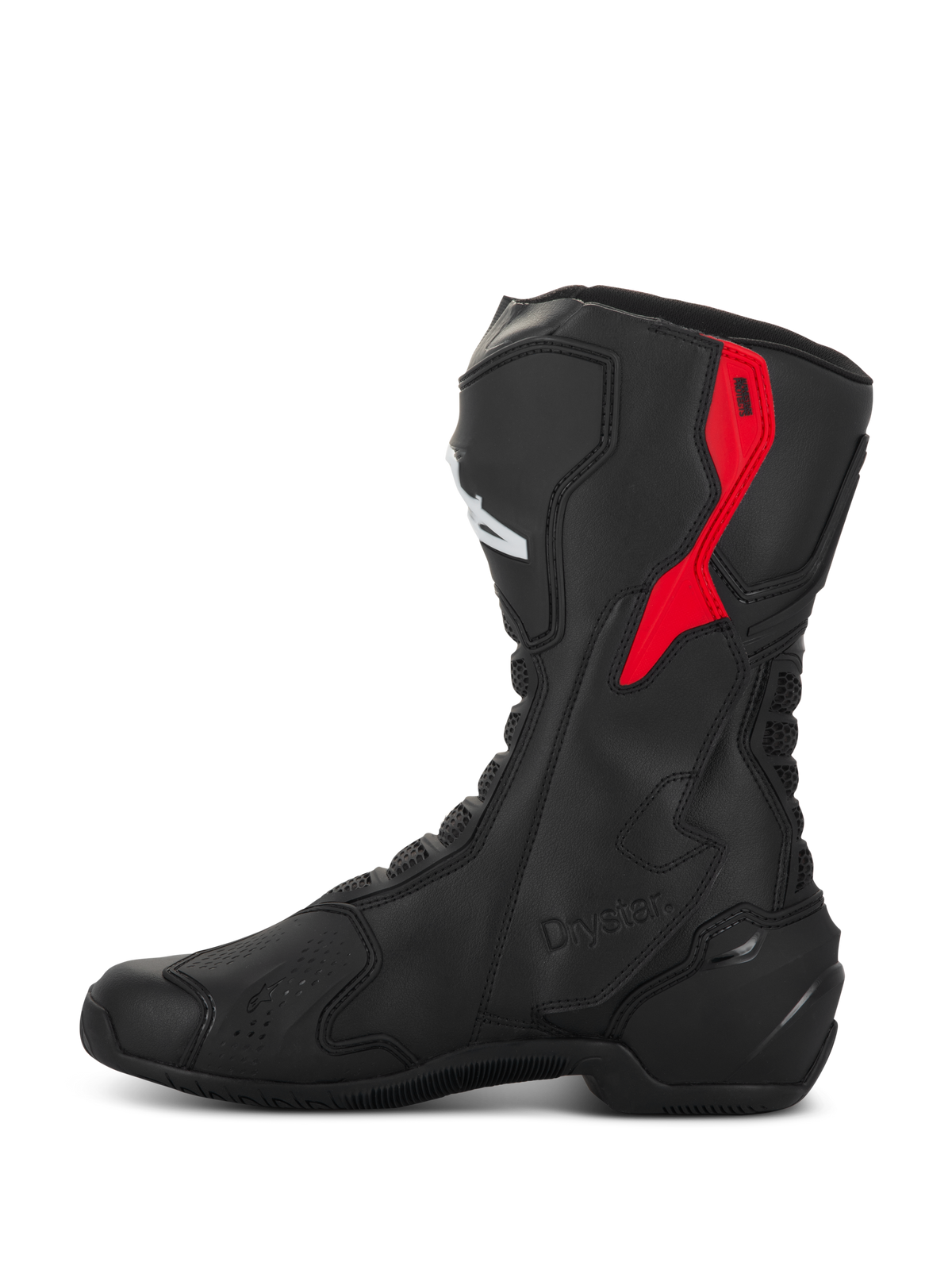 Alpinestars SMX-6 V3 Drystar-stövlar, prestandastövlar för motorcykel, svarta och röda, med rött TPU-skydd för övre vaden, präglad Drystar-logotyp och smidig mikrofiberkonstruktion, sidoprofilvy