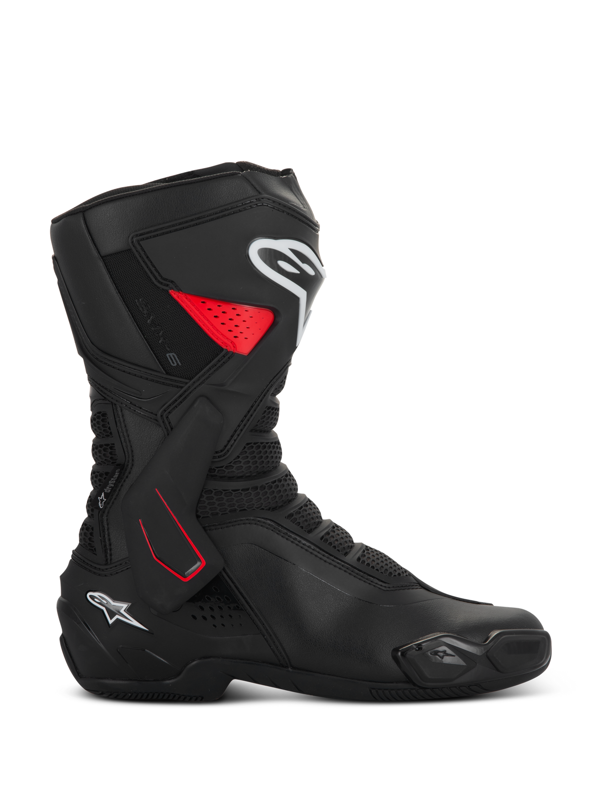 Alpinestars SMX-6 V3 Drystar-stövlar, sportiga motorcykelstövlar, svarta med röda och vita detaljer, sidoprofil, vattentät mikrofiberkonstruktion, TPU-fotledsstöd med röda detaljer, vita logotyper på skenben och häl, integrerad tåslider och flexzoner i mesh